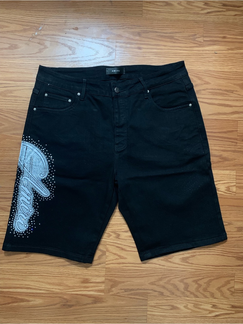 AMIRI Black Denim Shorts with Silver Script Accent